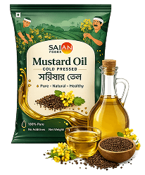 Sajan Mustard Oil packaging with cold pressed seeds